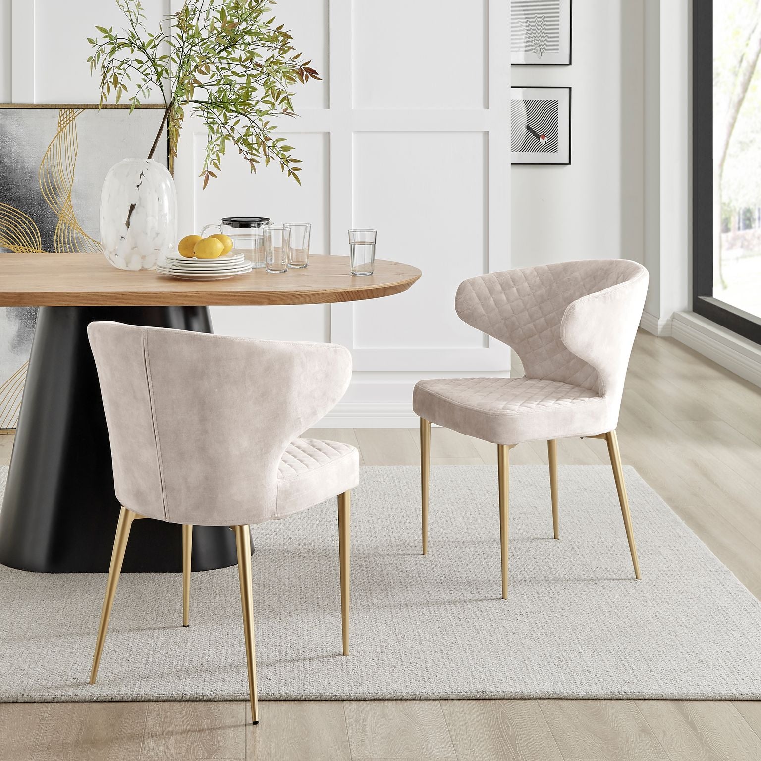 Levi Cream Velvet Dining Chair With Quilting Design Gold Legs